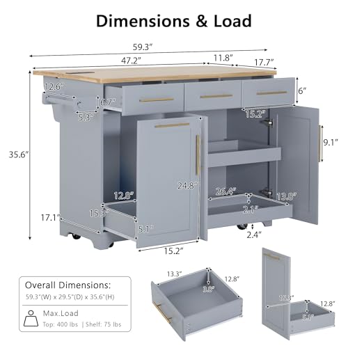 Kitchen Island with Trash Can Storage Cabinet and Power Outlet, Rolling Kitchen Cart on Wheels with Drop Leaf, Spice Rack, Towel Rack and Adjustable Shelf for Dining Room (60", Grey Blue) - color: Grey Blue