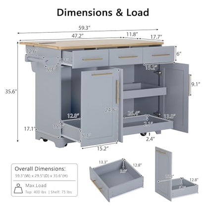 Kitchen Island with Trash Can Storage Cabinet and Power Outlet, Rolling Kitchen Cart on Wheels with Drop Leaf, Spice Rack, Towel Rack and Adjustable Shelf for Dining Room (60", Grey Blue) - color: Grey Blue