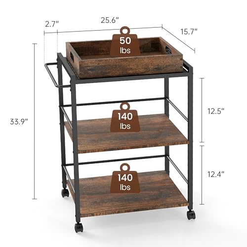 3 Tier Kitchen Cart, Rolling Bar Cart, Rustic Brown&Black | SKANDIQUIP 3 Tier Rolling Bar Cart, Mobile Kitchen Serving Cart for Tea, Coffee & Liquor with Removable Tray