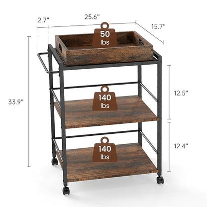3 Tier Kitchen Cart, Rolling Bar Cart, Rustic Brown&Black | SKANDIQUIP 3 Tier Rolling Bar Cart, Mobile Kitchen Serving Cart for Tea, Coffee & Liquor with Removable Tray