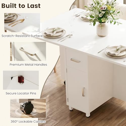 Folding Dining Table with Wheels, Space Saving Drop Leaf Kitchen Table with Storage Cabinet, Expandable Movable Furniture for Small Apartment, White - color: White