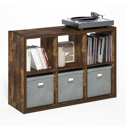 Furinno Cubicle 6-Cube Book Shelf, Extra Thick Frame Bookshelf, Amber Pine | 14.6" x 44" x 30", Horizontally & Vertically Reversible Bookcase with Open Back, for Living Room, Bedroom, Home Office