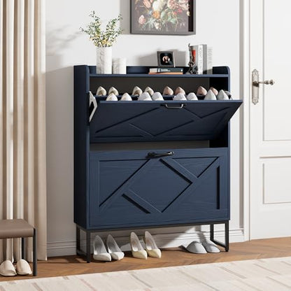 Nicetree Shoe Storage Cabinet, Shoe Cabinet with 2 Flip Drawers, Narrow Shoe Rack Cabinet, Farmhouse Slim Shoe Cabinet Storage for Entryway,Blue - color: Navy Blue