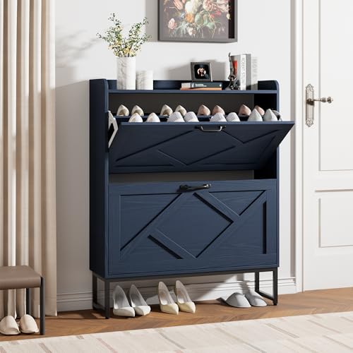Nicetree Shoe Storage Cabinet, Shoe Cabinet with 2 Flip Drawers, Narrow Shoe Rack Cabinet, Farmhouse Slim Shoe Cabinet Storage for Entryway,Blue - color: Navy Blue