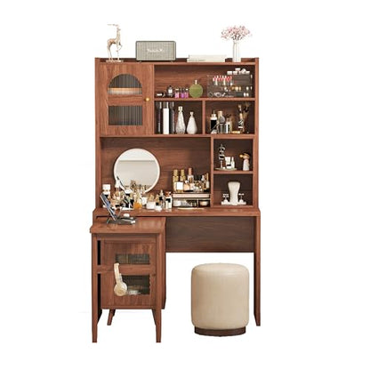 Bellemave Computer Desk with 90 Degree Rotating Desktop, 43x70 Inch Home Office Desk with Drawer and Storage Cabinets, Gaming Desk with Shelves, Writing Desk for Study (Walnut) - color: Walnut