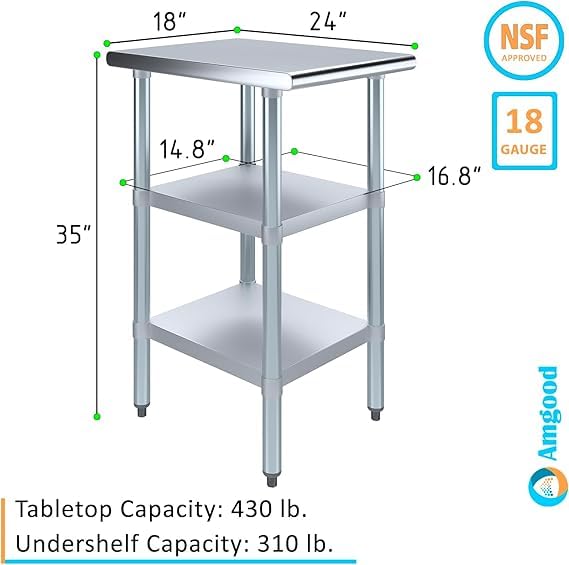 Stainless Steel Work Table with Double Undershelf – Commercial Utility Prep Table for Kitchen, Restaurant, Bakery – NSF Certified (24 x 18) - size: 24 x 18