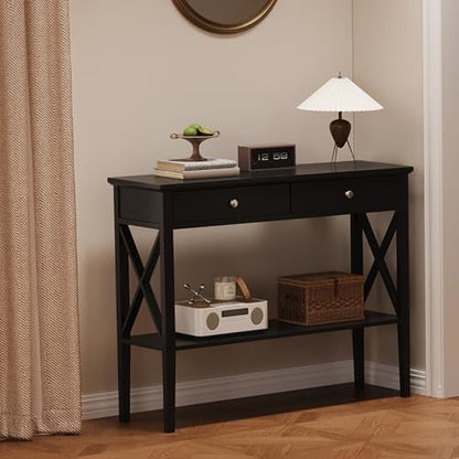 ChooChoo Console Table with Drawers, Narrow Wood Accent Sofa Table Entryway Table with Storage Shelf for Entryway, Front Hall, Hallway, Living Room, Black | 11.8"D x 39.4"W x 31.5"H, Console Table, Narrow Wood Accent Sofa Table for Entryway, Front Hall, H