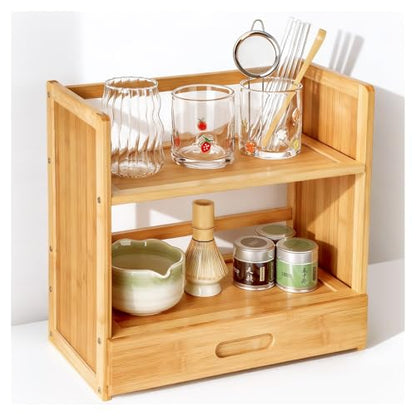 AIEVE Matcha Station Organizer, 2-Tier Bamboo Shelf with Hidden Drawer, Coffee Station Organizer Mug Holder Shelf for Matcha Whisk Set Bowl Cup Scoop Sifter