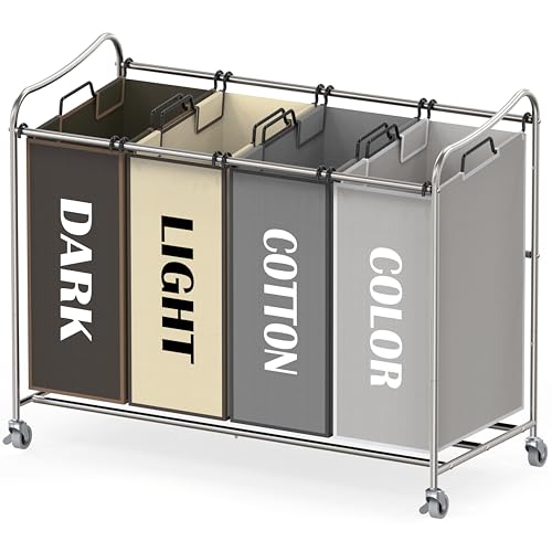 Simple Houseware 4-Bag Heavy Duty Laundry Sorter Rolling Cart, Assorted | Removable Bags and Lockable Wheels for Laundry Room Organization - color: Silver/Assorted