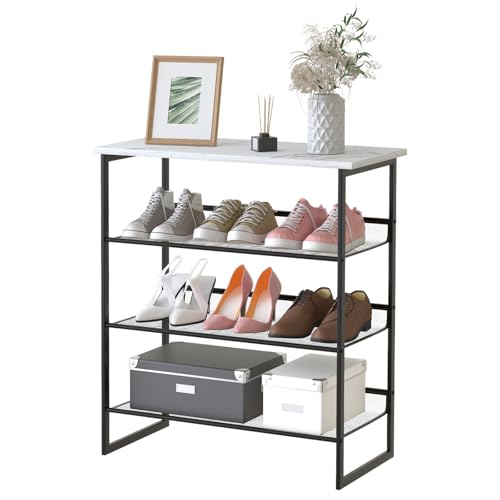 Garden 4 you Shoe Rack for Entryway 4 Tiers 11.8" D x 25" W x 28" H, Metal Shoe Rocks with White Wooden Tabletop, Angled Shoes Rack with Adjustable Mesh Shelves for Entryway Hallway Closet - color: Marble White, size: 4-Tiers