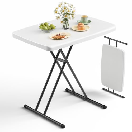 Folding Table 30 Inch - Small Desk Adjustable Height TV Tray for Laptop, Couch, Camping - Heavy Duty Utility Foldable Table for Small Spaces, No Assembly Required,Plastic White Granite - color: Plastic White, size: 30in