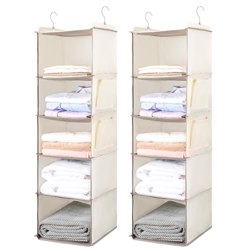 BOOMIBOO Hanging Closet Organize and Shelves,5-Hanging Shelf （2 Pack,Beige） | with 2 Side Pockets，Storage Foldable - color: Beige, size: 2