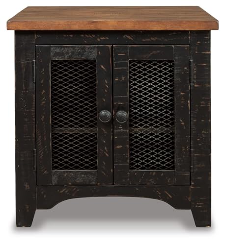 Signature Design by Ashley Distressed Two-Tone Wood Accent Side Table, Valebeck End Table with Cabinet, Casual Farmhouse Nightstand with Metal Wire Mesh Doors, Brown and Black - color: Black/Brown
