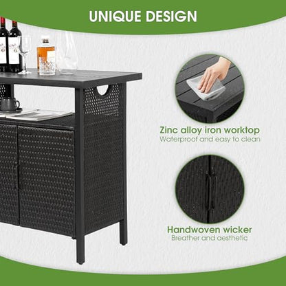 HOMEFUN Outdoor Bar Table Featuring Storage Cabinet: Wheeled Patio Serving Carts, Wicker Grill Cart Prep Station & Rolling Kitchen Island for Patio, Backyard and Outside Use, in Black - color: 03-black