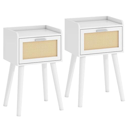 LAATOOREE Nightstand Set of 2, Small White Bedside Table, End Table with Rattan Door, Boho Side Table with Solid Wood Legs for Bedroom Living Room Small Space - color: White, style: Boho Style