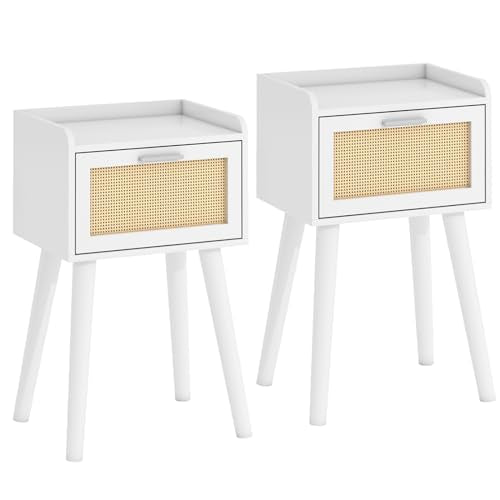 LAATOOREE Nightstand Set of 2, Small White Bedside Table, End Table with Rattan Door, Boho Side Table with Solid Wood Legs for Bedroom Living Room Small Space - color: White, style: Boho Style