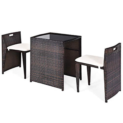 Giantex 3 PCS Cushioned Outdoor Wicker Patio Set Convention Bistro Set with Patio Sofa Chairs Garden Lawn Space Saving Conversation Furniture No Assembly (Light Brown) - color: Light Brown