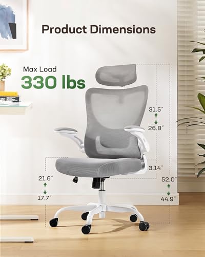 Marsail Ergonomic Office Chair: Office Computer Desk Chair with High Back Mesh and Adjustable Lumbar Support Rolling Work Swivel Task Chairs with Wheel 3D Armrests and Headrest - color: Grey