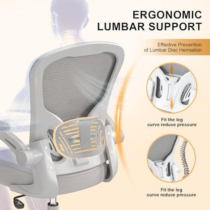 Office Chair, Ergonomic Desk Chairs 330LBS Capacity High Back Mesh Computer Chair with Flip-up Armrests, Comfy Work Chair with Adjustable Lumbar Support - color: Gray-gray