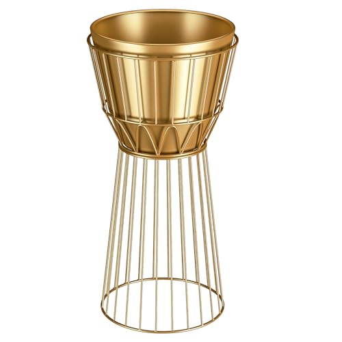 Metal Plant Stand with Pot, 12", Gold | Height 27", Tall Decorative Holder, Indoor Use, Modern Flower Potted Rack, Corner Display