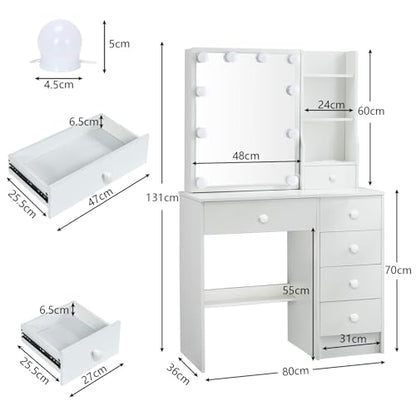 Makeup Vanity with Sliding Mirror and LED Lights, 3 Adjustable Modes Vanity Desk with 6 Storage Drawers & 3 Open Shelves, Dressing Table with Stool with Bedroom, White - size: Small-32'' Wide