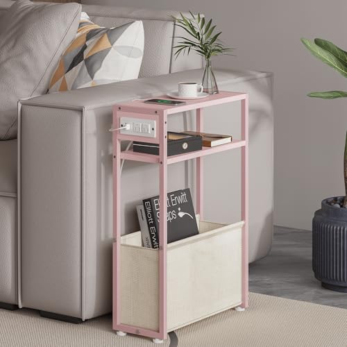 Leomonio Pink Side Table with Charging Station, Slim End Tables with Linen Basket, Skinny Table for Small Spaces, Thin Bedside Table for Living Room, Bedroom - color: Jelly Pink + Cream White - Outlet