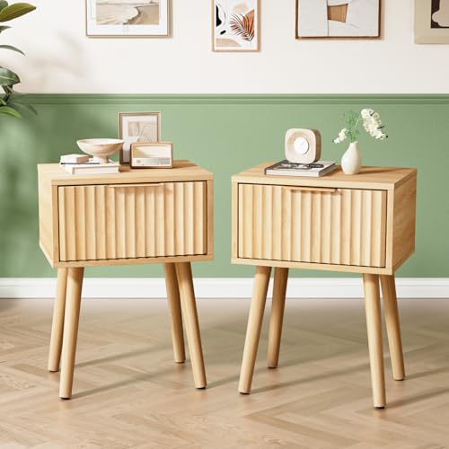 VINGLI Night Stand Set 2, Fluted Nightstands with Drawer, Mid Century Modern Nightstands Set of 2, Bedside Table, End Table, Wood Nightstand for Bedroom, Natural Oak, 15.75" W*11.81" D*21.85" H - color: Oak, size: 15.7"W-1 Drawer
