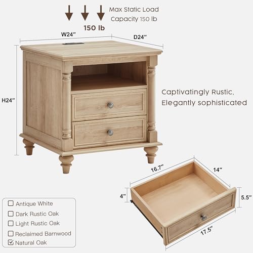 T4TREAM 24" Farmhouse Nightstands with 2 Drawers, Natural Oak | 4 Solid Wood Feet, Charging Station, Tall Rustic Wood Square, Sofa Side Table, Living Room, Bedroom - color: Natural Oak