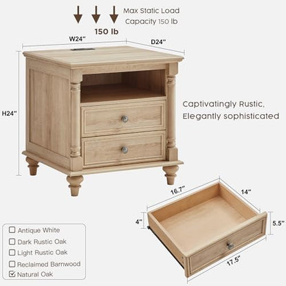 T4TREAM 24" Farmhouse Nightstands with 2 Drawers, Natural Oak | 4 Solid Wood Feet, Charging Station, Tall Rustic Wood Square, Sofa Side Table, Living Room, Bedroom - color: Natural Oak