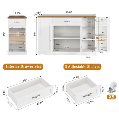 HOSTACK Kitchen Island Cart with Storage, 47'' Kitchen Storage Island on Wheels with 2 Drawers, Rolling Island Table with Adjustable Shelves, Mobile Buffet Sideboard Cabinet for Dining Room, White - style: White + Rustic Brown