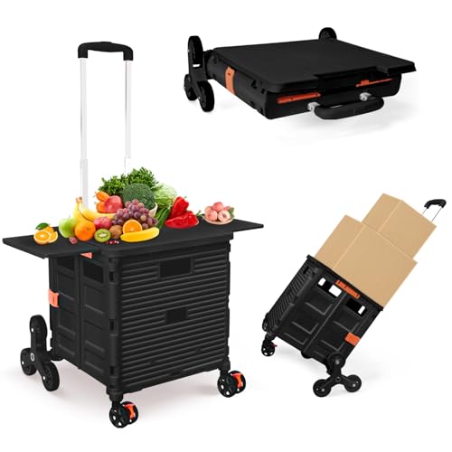 Foldable Utility Cart with Stair Climbing Wheels,Collapsible Rolling Crate with Magnetic Lid Telescopic Cover,Telescoping Handle,360° Rotate Wheel Hand Cart for Teacher Shopping Moving Grocery(Black) - color: Black, size: Magnetic Extended Lid &Climber Wh