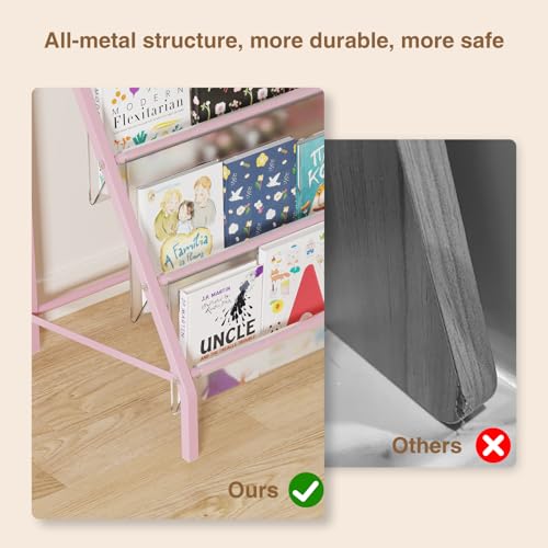 Trieez High-Transparent 4 Tier Kids Bookshelf, Sturdy Metal Large Size Book Rack Storage for Kids - Toddler Book Shelf Display for Nursery, Kids Room, Deep Size Bookshelf Hold More Books, Pink