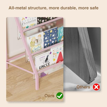 Trieez High-Transparent 4 Tier Kids Bookshelf, Sturdy Metal Large Size Book Rack Storage for Kids - Toddler Book Shelf Display for Nursery, Kids Room, Deep Size Bookshelf Hold More Books, Pink