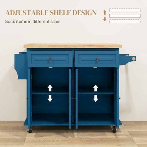 HOMCOM Kitchen Island Cart with Solid Wood Top, 44" Mobile Kitchen Island Table on Wheels with Storage Cabinets, 2 Drawers, Adjustable Shelves, Spice Rack & Towel Bar for Dining Room, Turquoise - color: Turquoise