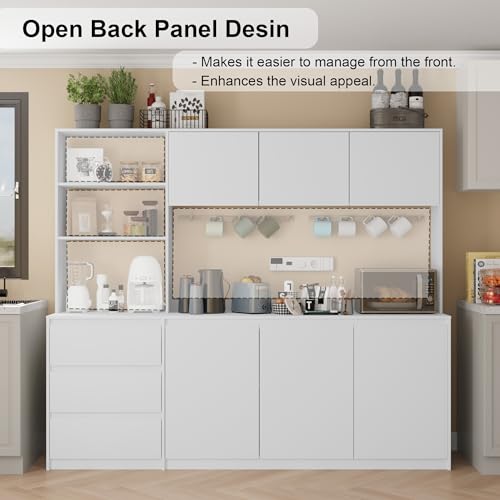 Mekminop Extra Large Kitchen Pantry with Microwave Shelf, Kitchen Hutch Storage Cabinet with Countertop, Freestanding Countertop Cabinet with 3 Drawers and 3 Open Shelves, White - color: White, size: 82.7" Wide