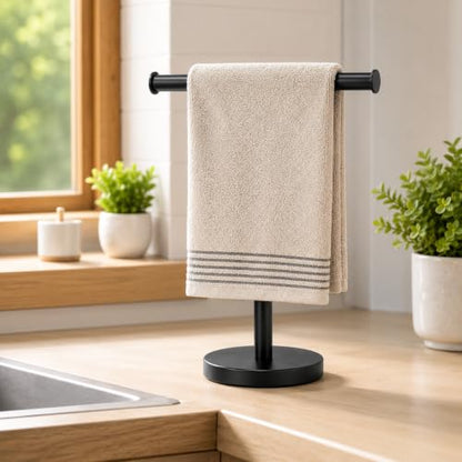 Hand Towel Holder, 2 Pack T-Shape Towel Holder Stand, Black | Weighted Stainless Steel Base Helps Prevent Tipping While The Open T-Shape Keeps Towels Dry on Bathroom Countertops - color: T-black-2 Pack
