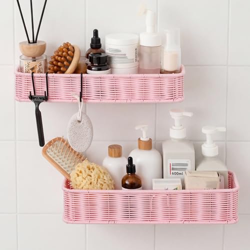 GRANNY SAYS Shower Caddy Hanging, Pink Shower Shelves for Inside Showers | Wicker Adhesive Shelves for Bathroom Organizers and Storage, Bathroom Shelves Wall Mounted with 4 Hooks for Decor, 2 Pack - color: Pink, size: Rectangular