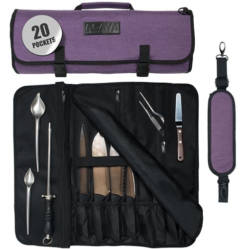Asaya Waxed Nylon Chef Knife Roll Bag with 20 Slots and Zippered Pockets - Professional Chef Knife Bag & Storage Case, Tool Carrier with Shoulder Strap - Knives Not Included (Purple) - color: purple