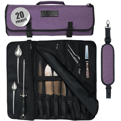 Asaya Waxed Nylon Chef Knife Roll Bag with 20 Slots and Zippered Pockets - Professional Chef Knife Bag & Storage Case, Tool Carrier with Shoulder Strap - Knives Not Included (Purple) - color: purple