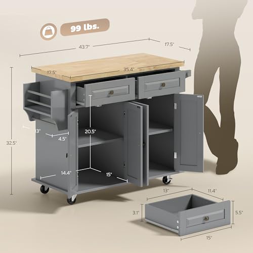 HOMCOM Kitchen Island Cart with Solid Wood Top 44" Mobile Gray | Kitchen Island Table, on Wheels, Storage Cabinets, 2 Drawers, Adjustable Shelves, Spice Rack & Towel Bar, for Dining Room - color: Grey