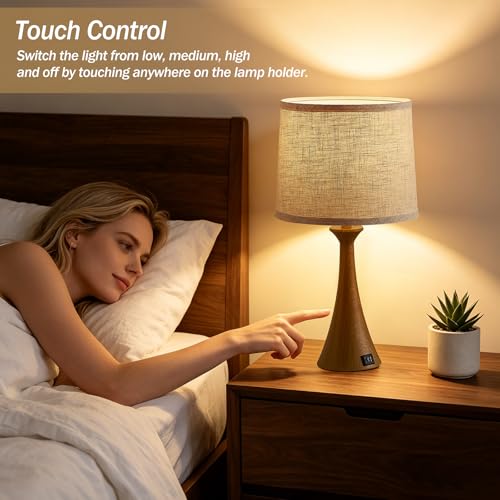 Touch Lamp for Living Room Bedroom, 21" Table Lamps Set of 2 with USB C+A Ports and Oatmeal Lamp Shades, Touch Bedside Lamps for Nightstand with 3 Way Dimmable, 2 LED Bulbs Included, Wood Grain - color: Wood Grain