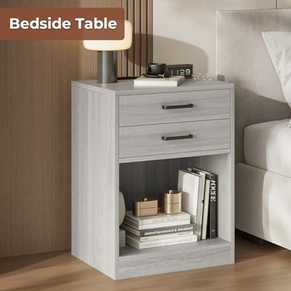 ADORNEVE Grey Nightstands Set of 2,Bedside Table with Drawers | Bedside Table Set of 2,Nightstand with Charging Station,Night Stands for Bedrooms Set of 2 - color: Grey