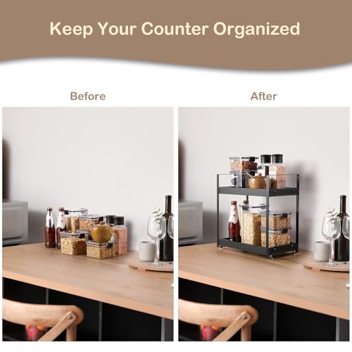 2 Tier Countertop Organizer, Black Wooden Coffee Station Organizer, Kitchen Counter Shelf Spice Rack, Bathroom Counter Organizer for Vanity, Perfume, Makeup, Home Office