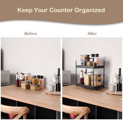 2 Tier Countertop Organizer, Black Wooden Coffee Station Organizer, Kitchen Counter Shelf Spice Rack, Bathroom Counter Organizer for Vanity, Perfume, Makeup, Home Office