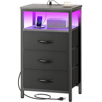 Huuger Night Stand with Charger Station and LED Lights, 3 Drawer Nightstand, Bed Side Table with Open Shelf, End Table, Tall Fabric Dresser for Bedroom, Grey - color: Grey, size: 11.8"D x 15.7"W x 27.6"H（3 Drawers）