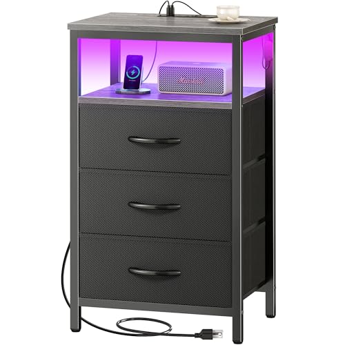 Huuger Night Stand with Charger Station and LED Lights, 3 Drawer Nightstand, Bed Side Table with Open Shelf, End Table, Tall Fabric Dresser for Bedroom, Grey - color: Grey, size: 11.8"D x 15.7"W x 27.6"H（3 Drawers）