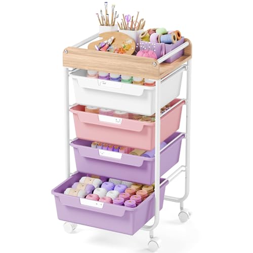 SYKIARIOL Rolling Craft Storage Cart with 4 Drawers,Utility Cart with Drawers,Art Craft Organizers and Storage,Kids Art Craft Cart With DIY Lable and Wooden Tabletop Area, Purple - color: Dreamy Color, size: 4-Drawer