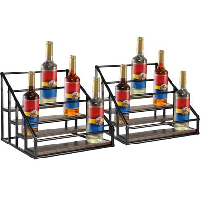 YQBRAO 2-Pack 4-Tier Coffee Syrup Organizer, 32-Bottle Total, Brown | Two racks hold up to 32 bottles total with stepped visibility for large coffee bars, kitchens, and beverage stations. - size: 4 Tier 16 Bottle Syrup Rack - 2 Pack