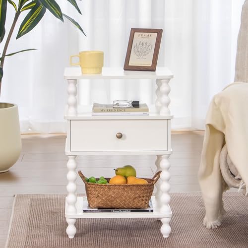 AWASEN White Nightstand, Bed Side Table Bedroom with Drawer, 3-Tier Small Night Stand End Table with Storage for Small Spaces &Solid Wood Spindle Legs, White - color: White