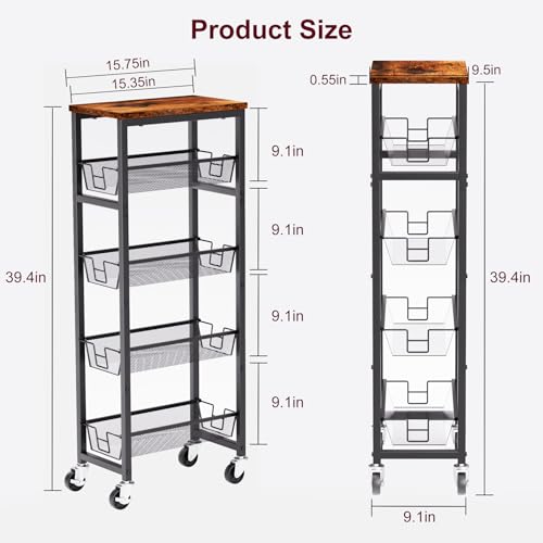 Slim Rolling Cart, 5-Tier Storage Cart, 9.1inch Narrow Kitchen Rolling Cart on Wheels for Small Space, Utility Cart Shelving Unit with Wooden Top and Metal Handle for Kitchen, Bathroom, Laundry Room - size: 5 Tiers (9.1"D x 39.4"H)